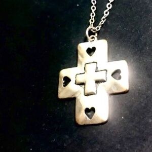SilverTone Cross w Heart CutOuts Necklace
